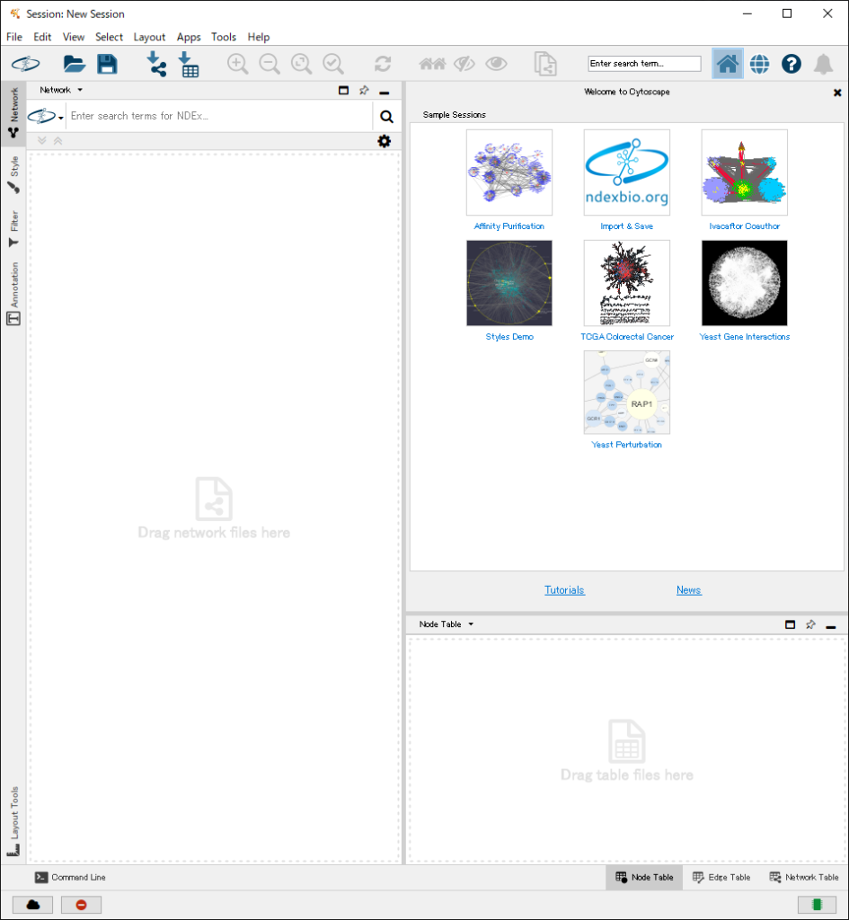 Cytoscapeの初期画面