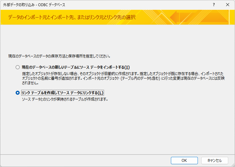 「リンクテーブルを作成してソースデータにリンクする」をチェックしてOKを押下する