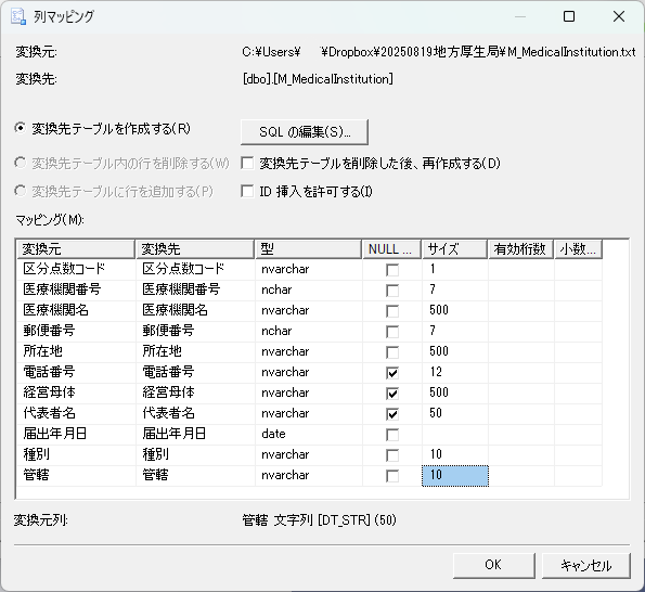 M_MedicalInstitutionのインポートにおける列マッピング